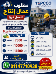 يعلن مصنع تيبكو لعلب الكهرباء عن فتح باب التعيين لعمال الإنتاج